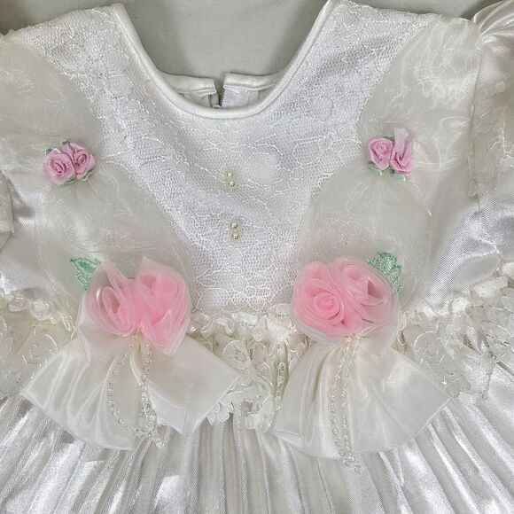 Vintage Kids Fashion Dress 18M White Poly Satin Lace Pink Rosettes Pleated Fancy - Picture 3 of 9